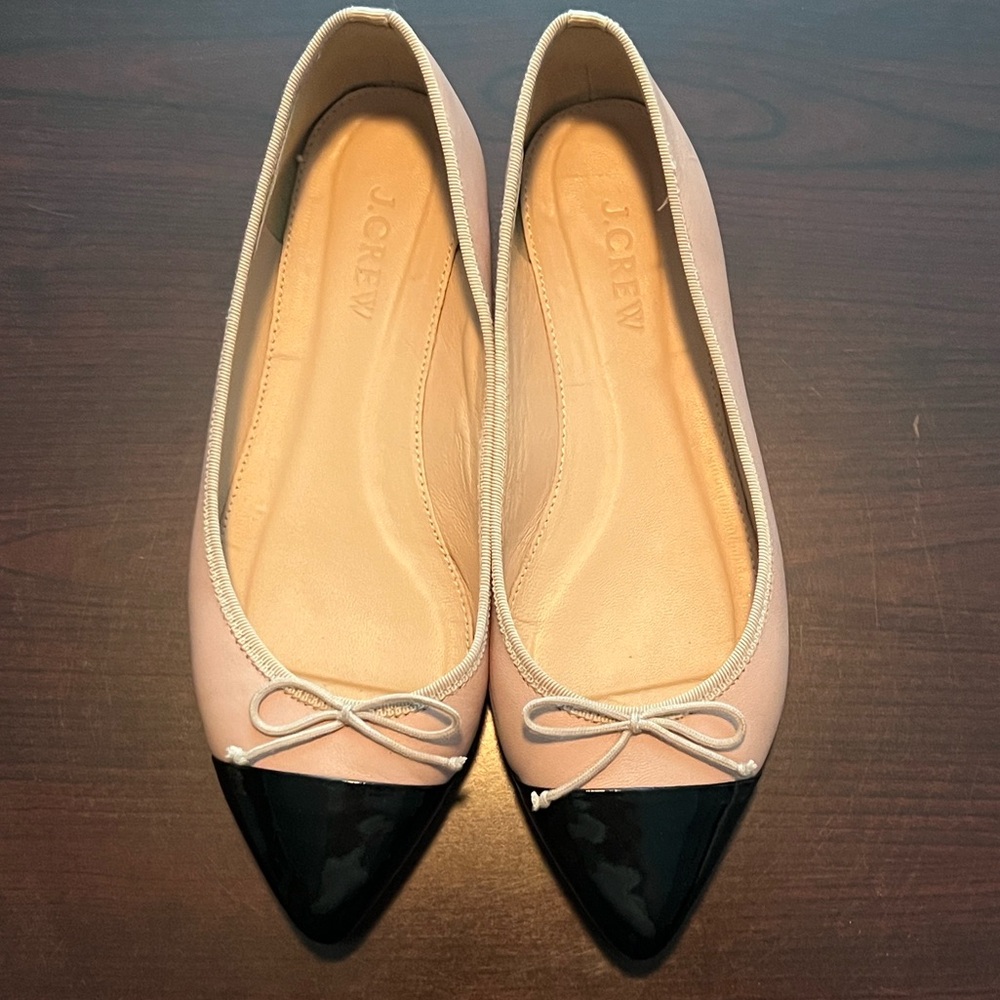 J. Crew Two-Tone Pointed Toe Ballet Flats in Blush and Black Patent